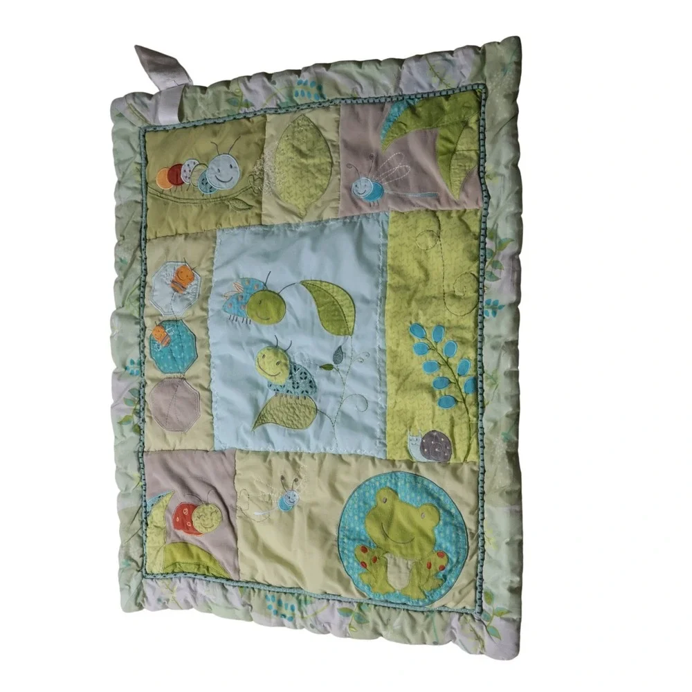 VTG Y2K Carters Quilted Green Baby Blanket Play Mat Bugs Animals Frutiger Aero